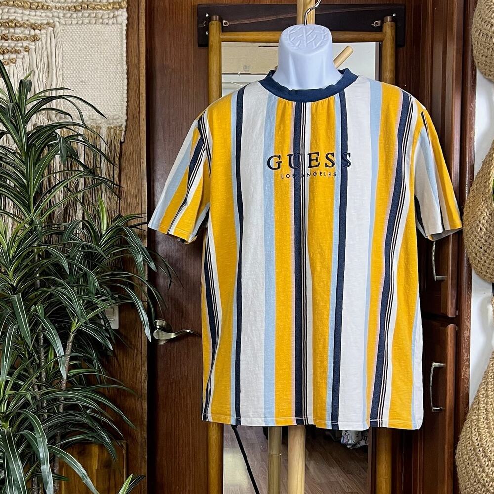 Vintage Guess Striped Tee M Yellow Blue Embroidered Logo Y2K Streetwear Shirt